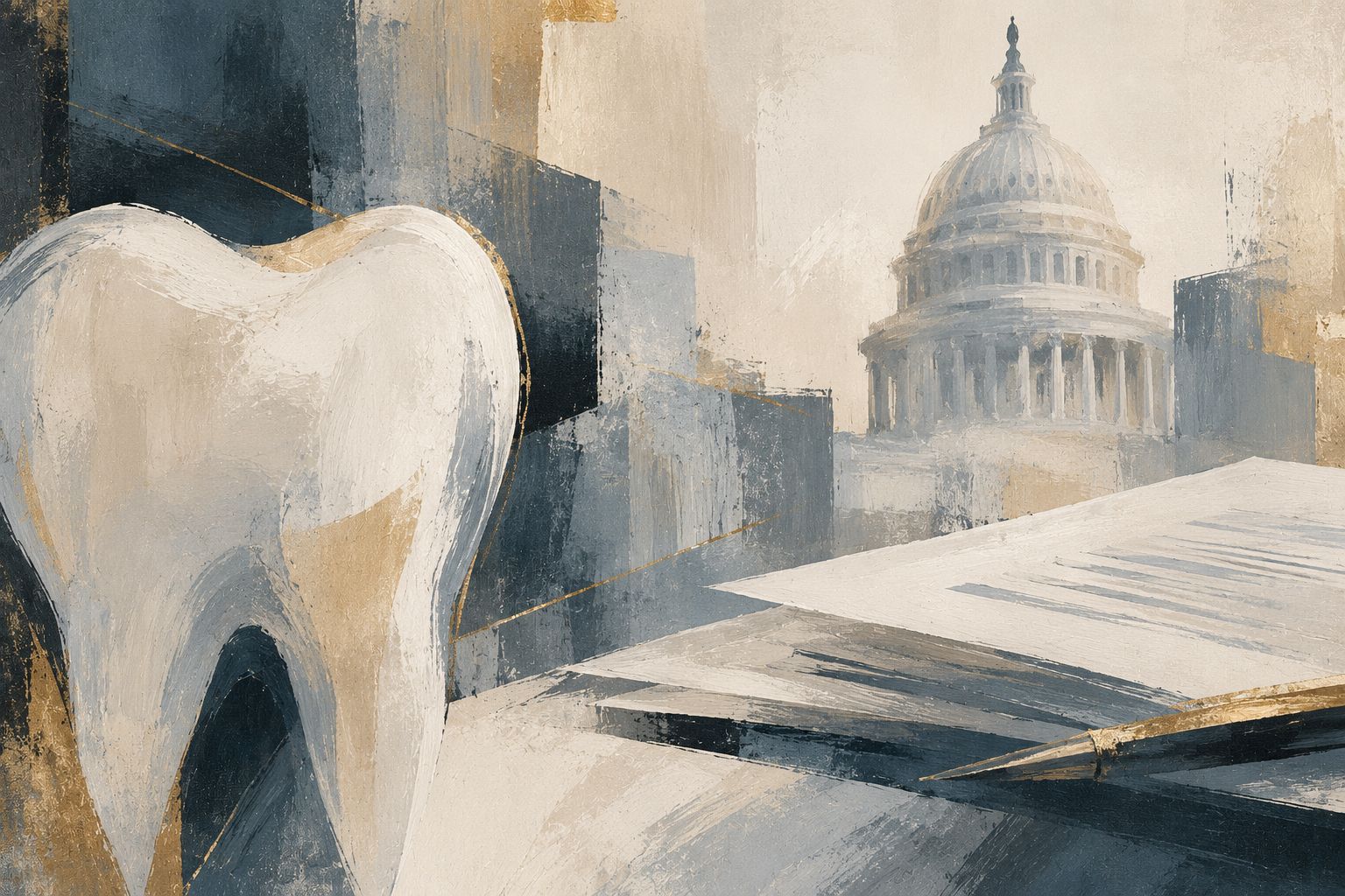 Illustrative painting of a large tooth, legal papers, and a courthouse