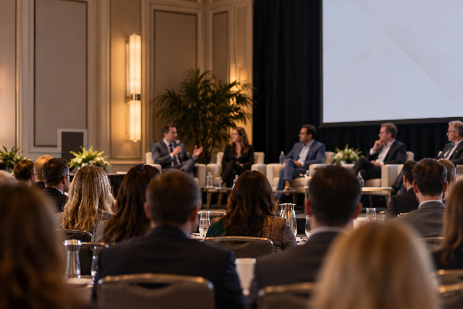 People in a ballroom watching a panel speak on a stage
