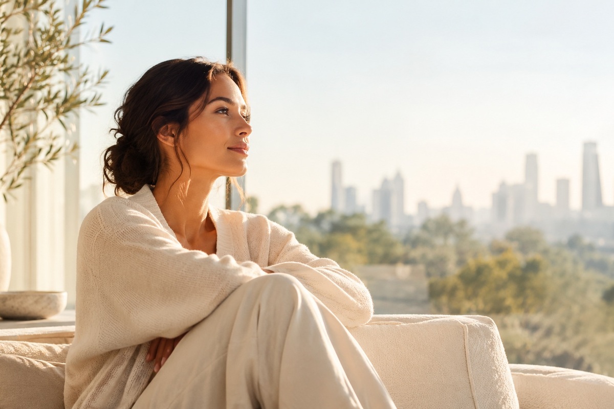 Woman sitting thoughtfully by a sunlit window, representing proactive reproductive healthcare, women's wellness, and a holistic approach to health.